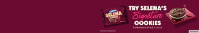 Features the Limited Edition Selena Gomez OREO pack shot on burgundy background.