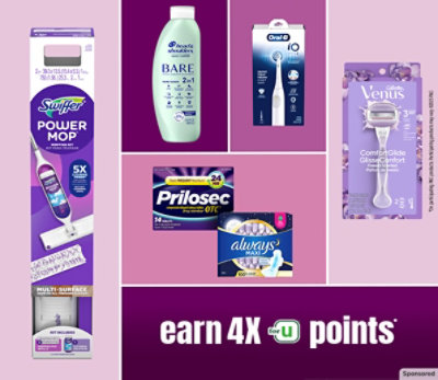 Gillette Venus, Head & Shoulders, Oral-B, Swiffer, Always and Prilosec packs on shades of purple.