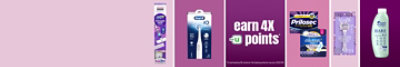 Gillette Venus, Head & Shoulders, Oral-B, Swiffer, Always and Prilosec packs on shades of purple.