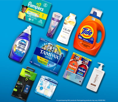 Tide, Dawn, Febreze, Crest, Olay, Gillette, Native, Pampers, DayQuil & NyQuil on a blue background.