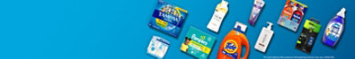 Tide, Dawn, Febreze, Crest, Olay, Gillette, Native, Pampers, DayQuil & NyQuil on a blue background.