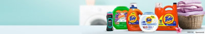 Tide detergent, Downy Unstopables, Gain Flings and Tide Free & Gentle Pacs sit on a counter.