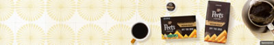 Peet's Off the Grid pods and grounds on a yellow, floral background with cup of coffee and carafe.