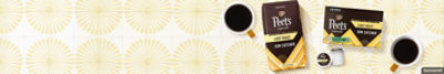 Peet's Sun Catcher pods and grounds on a yellow, floral background with filled cups of coffee.