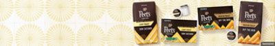 Peet's Bright Collection coffee pods and grounds on a yellow, floral background.