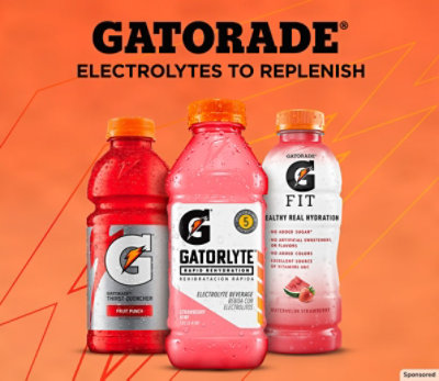 Gatorade. Electrolytes to replenish. Gatorade products on an orange background