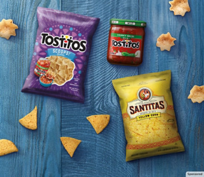 Tostitos and Santitas products on a blue background.