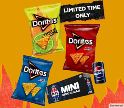 Limited time only. Doritos and Pepsi products on an orange background.