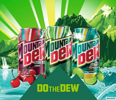 Three Mountain Dew cans with a green mountain background and text Do the Dew in the foreground.