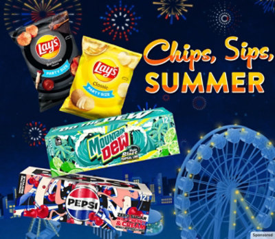 An ad promo featuring Pepsi, Lay's and Mountain Dew with the tagline Chips, Sips, Summer.