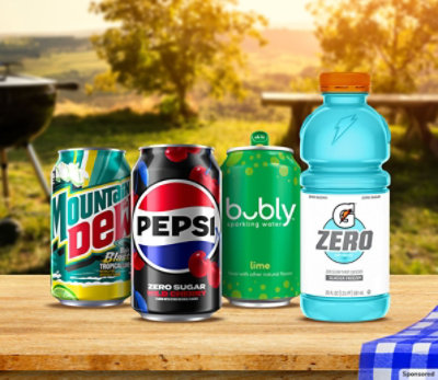 Image of Pepsi, Mountain Dew, Bubbly and Gatorade drinks on a picnic table.