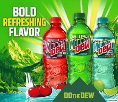 Bold refreshing flavor. Mountain Dew bottles on a green mountain background.