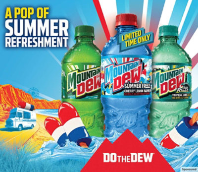 A pop of summer refreshment. Mountain Dew bottles on a red, white and blue background.