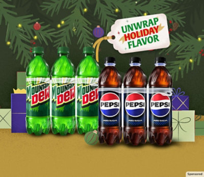 Unwrap holiday flavor. Bottles of Pepsi and Mountain Dew on a festive background.