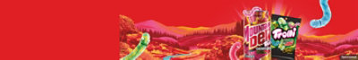 Mountain Dew Trolli can and Trolli Mountain Dew packet on a red scenic background with gummy worms.