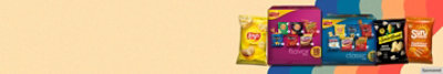 Frito-Lay, Sun Chips and Smartfood products on a colorful background.