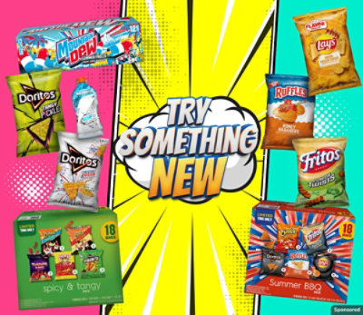 The words "try something new" with snacks and drinks.