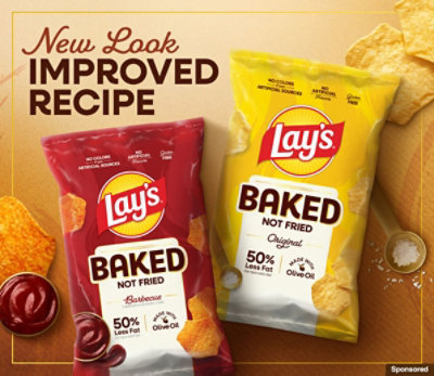 Two bags of Baked Lays on a light brown background. 