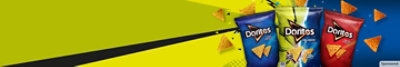 Three Doritos chip bags set against yellow and background. 