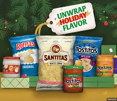 Bags and dips from RUFFLES, Santitas and TOSTITOS on a green holiday background. 