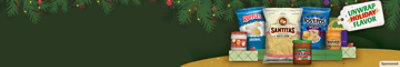 Bags and dips from RUFFLES, Santitas and TOSTITOS on a green holiday background. 
