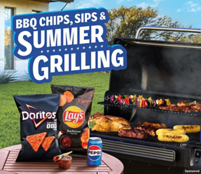 The words "BBQ chips sips and summer grilling" with chip packages near a grill.