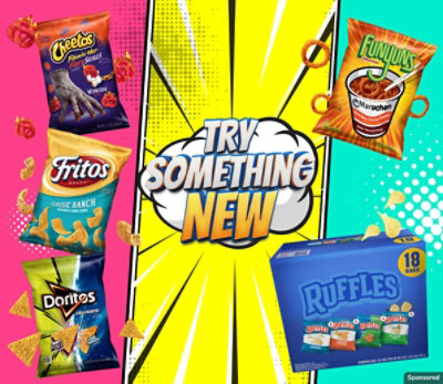 Assorted Frito-Lay snacks including Cheetos, Doritos, Ruffles, Fritos and Funyuns.
