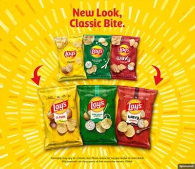Lay's new packaging against a bright yellow sunburst background with text "New Look, Classic Bite".