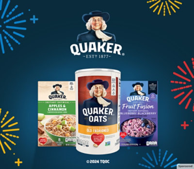 Quaker products on a blue background. Quaker logo