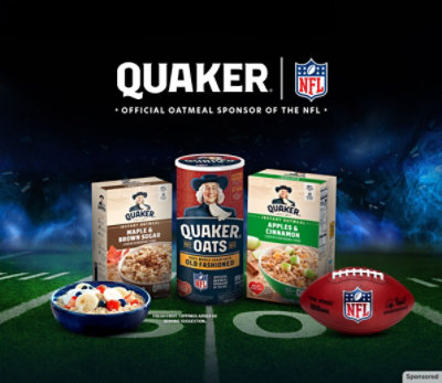 Quaker and NFL Partnership logo and Quaker oatmeal products