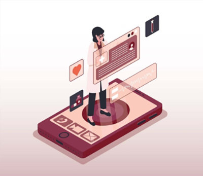 Illustration of medical professional using mobile phone features.