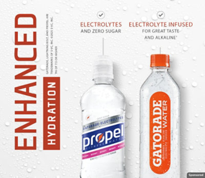 An ad promo featuring Propel and Gatorade Water bottles with text.