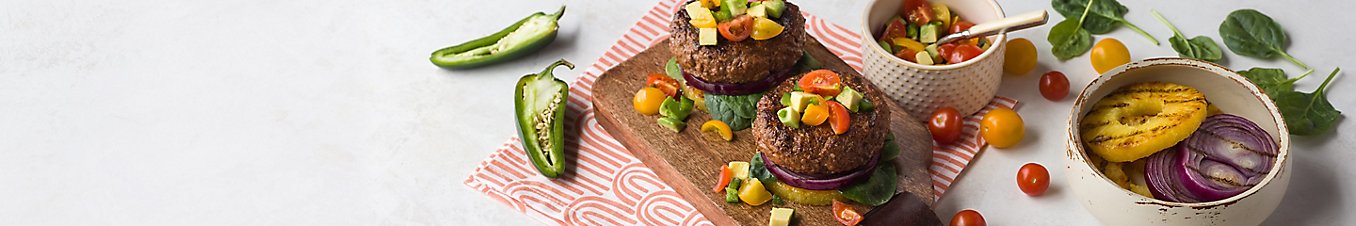 Pineapple burger stack with avocado salsa