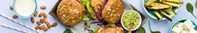 Plant based burgers and ingredients on a table
