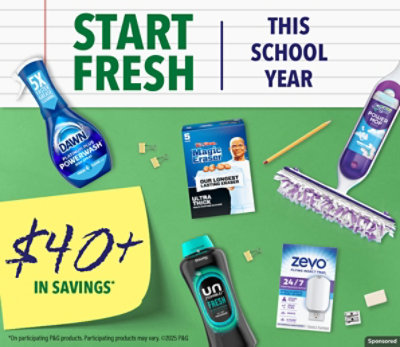 Swiffer, Zevo, Dawn, Downy and Mr. Clean packs next to school supplies.