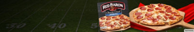 Red Baron Frozen Classic Crust Pepperoni Pizza on a football field background.