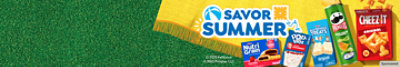 Cheez-It, Pop-Tarts, Pringles, Rice Krispies Treats and Nutri-Grain with a summer-themed background.