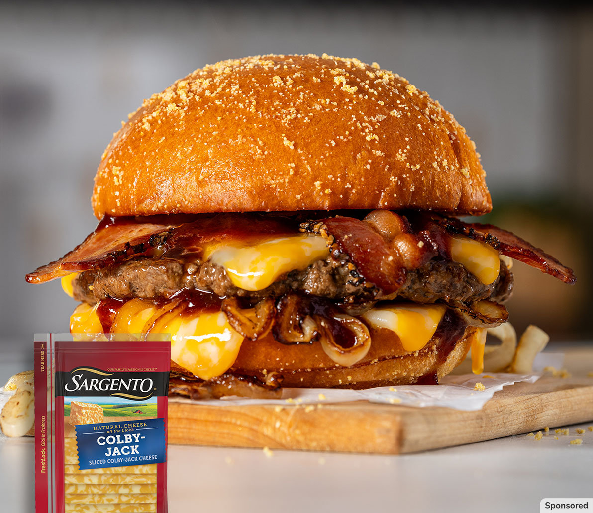 Ultimate Western Barbecue Burger made with Sargento Colby-Jack cheese slices.