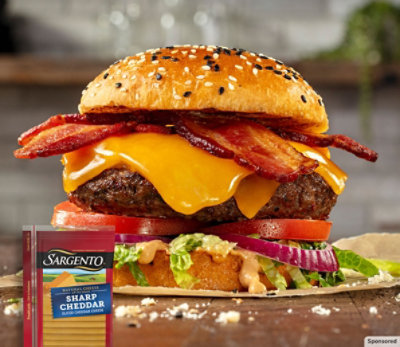 Cheddar & Bacon Cheeseburger with Sargento Sharp Cheddar Sliced Cheese.