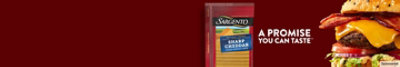 Sargento Sharp Cheddar Cheese package next to the Cheddar & Bacon Cheeseburger.