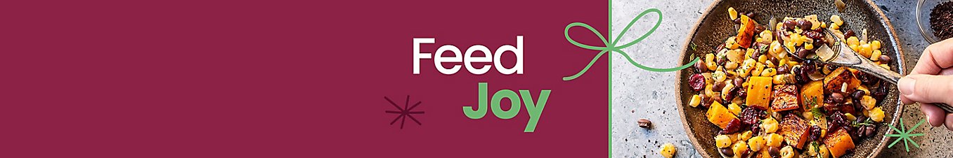 Text that says "Feed Joy" next to an image of Three Sisters Salad.