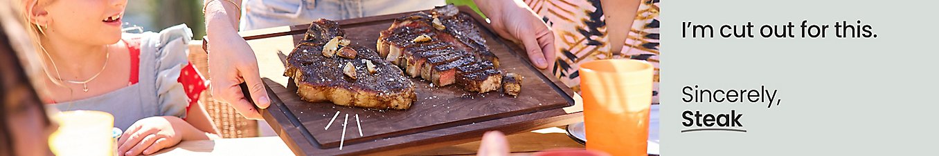 Grilled Meat on a tray with text "I'm cut our for this - Sincerely, Steak"