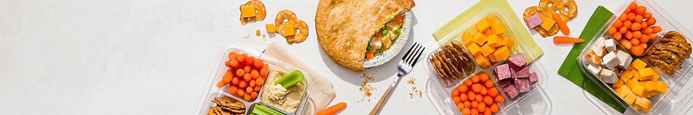 Hearty meals and savory snacks, cheese. pretzels, hummus, carrots, celery, chicken pot pie