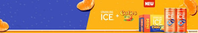 Sparkling Ice Cuties Orange Cream Zero Sugar drink on blue and orange background.