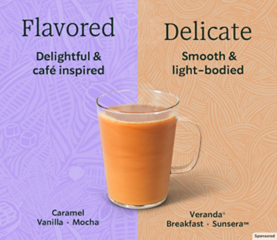 Flavored & Delicate coffee descriptions with Caramel Vanilla Mocha & Veranda Breakfast Sunsera flavors.