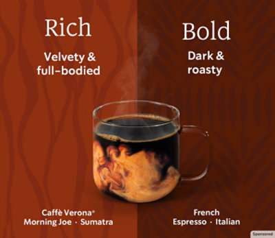 Rich velvety & Bold dark coffee descriptions with Caffe Verona & French flavors.