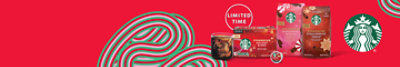 Starbucks products on a red and green background.