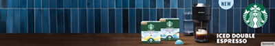 Starbucks Iced Double Espresso pods, new, next to Nespresso machine brewing an iced coffee 