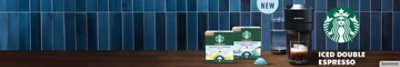 Starbucks Iced Double Espresso pods, new, next to Nespresso machine brewing an iced coffee 