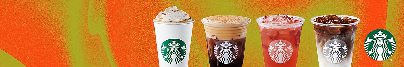 Starbucks Pumpkin Spice Latte Beverage, Starbucks Pumpkin Cream Cold Brew beverage, Strawberry Acai Starbucks Refreshers Beverage, and Starbucks Iced Apple Crisp Oatmilk Macchiato Beverage featured next to Starbucks logo.